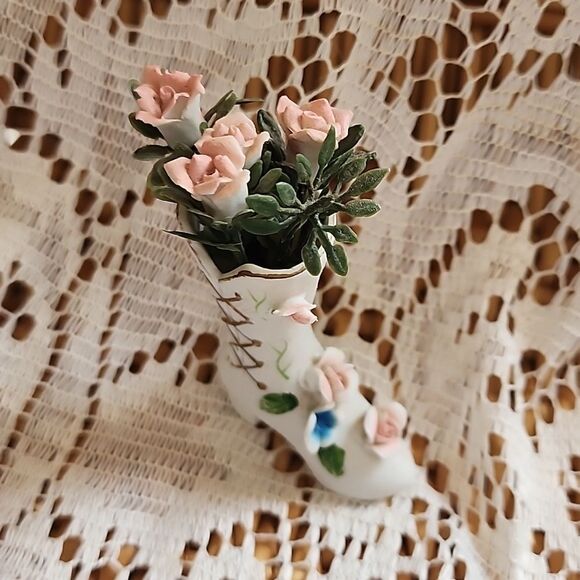 Vintage Bisque Porcelain Floral Miniature Lace Up Boot Vase - Picture 2 of 11